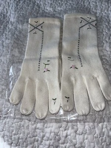 Vintage Cream Colored Knit Adult Gloves with Flower Beaded Embroidery Detail - Picture 1 of 10