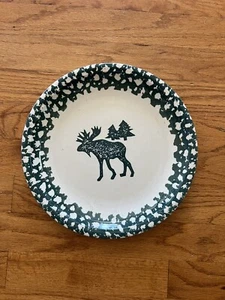 Moose Country Dinner Plate 10 1/2" Stoneware Tienshan Folkcraft Green Sponge ! - Picture 1 of 2