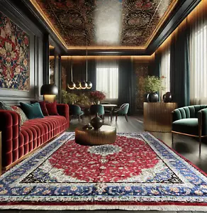 Authentic Kashmiri 9x12 ft Hand Made 100% Natural Silk Carpet - Rosso Royale - Picture 1 of 8