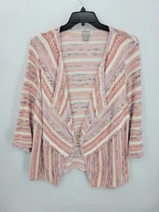 Chicos Cardigan Womens XL 3 Pink Ivory Textured Stripe Open Front Boho Artsy - Picture 1 of 9