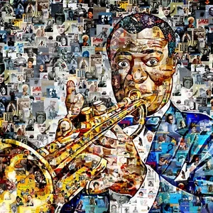 Stampa poster collage art LOUIS ARMSTRONG realizzati con album musicali jazz blues - Foto 1 di 8