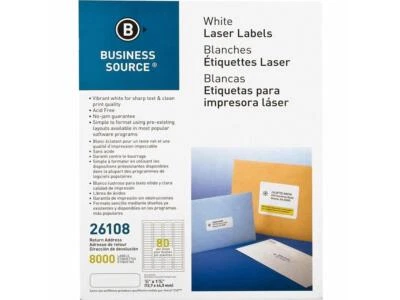 Business Source Mailing Labels Return Address Laser 1/2"x1-3/4" 8000/PK WE 26108 - Image 1 of 4