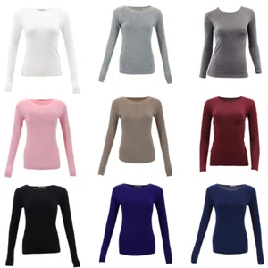 NEW Women's Long Sleeve Crew Neck Soft Stretch Plain Colours Basic Tee T-Shirt - Picture 1 of 57