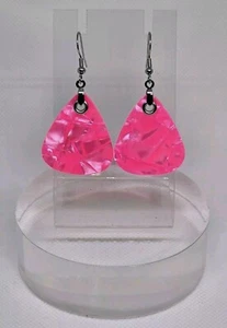 Barbie Pink Dangling Guitar Pick Silver Fish Hook Fashion Earrings - Picture 1 of 2