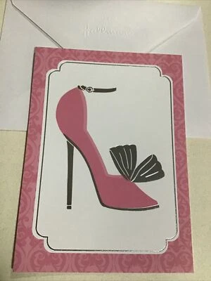 1 - Tarjeta de nota en blanco con sello rosa y plata zapato de tacón alto tarjeta pequeña de 3,5”x5” Foto 1 de 4