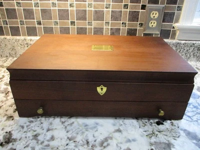 INTERNATIONAL SILVER CO WALNUT WOOD FLATWARE  STORAGE BOX CHEST CASE WITH DRAWER - Image 1 of 4
