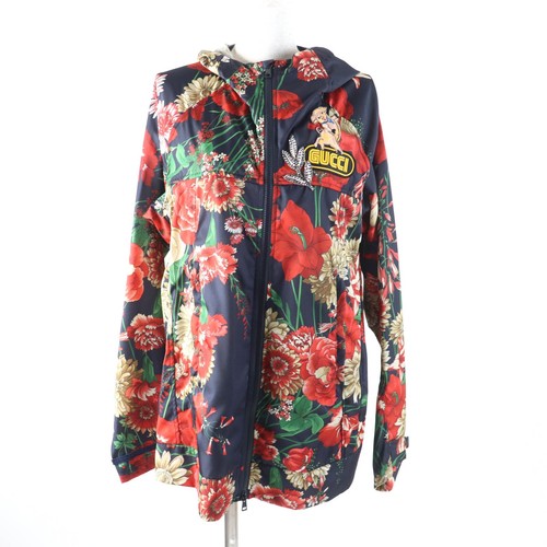 Gucci 528184 Giacca Primaverile Bouquet Nylon Con Logo Patch Stampa Floreale Zip Up Tb