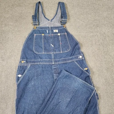 Macacão de trabalho vintage Dickies Bibs masculino 38x32 feito nos EUA denim anos 80 anos 90 azul - Imagem 1 de 4
