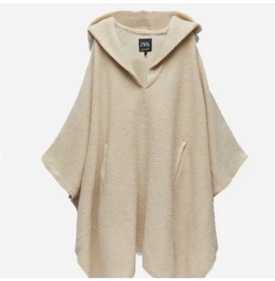 NWT ZARA Bloggers Fave Hooded Poncho Sweater Jacket Pockets Beige size Medium  - Image 1 of 3