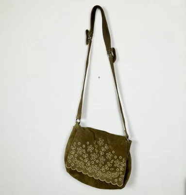 Bandolera Bandolera Zara Mujer Gamuza Floral Bordada Verde Oliva Boho Foto 1 de 4