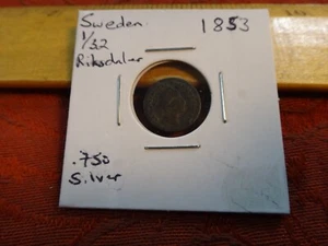 Moneda de plata 1853 Suecia 1/32 Riksdaler .750 - Envío y devolución gratuitos EE. UU. - Imagen 1 de 3