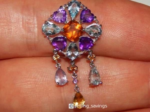 10K WHITE GOLD AQUAMARINE AMETHYST & CITRINE 1.5 " DANGLE DREAM CATCHER PENDANT - Picture 1 of 6