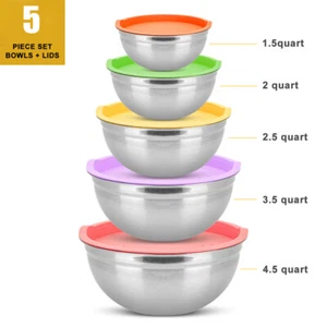 Set of 5 Mixing Bowls Stainless Steel Mixing Bowls with Lids 1.5/2/2.5/3.5/4.5QT - Picture 1 of 12