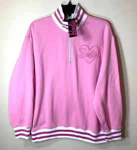 BARBIE Sweatshirt Womens Medium Pink Stripe 1/4 Zip Pullover Cotton Blend SOFT - Picture 1 of 9