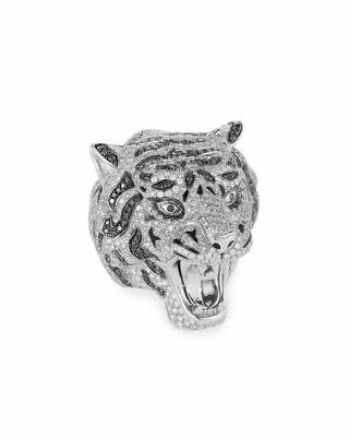 Simulated White Sapphire & Black Onyx Tiger Face Design Women Ring In 935 Silver - Image 1 of 4