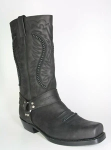 5859 Botas Motorista Sancho Negro Cosidos Botas Cuero Natural + Suela de Goma - Imagen 1 de 2