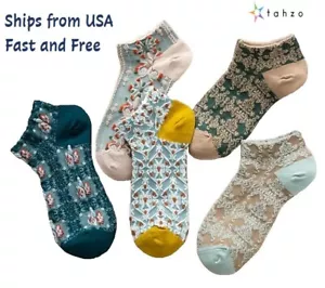 Womens Socks Vintage Pattern Flower Ankle Textured Casual Dress 5 Pairs Gift - Picture 1 of 8