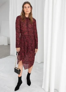 & Other Stories Semi Sheer Printed Midi Shirt Dress Long Sleeves Sz 4 Red Black - Picture 1 of 9