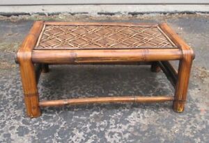 Vintage Mid Century Modern Bamboo Footstool plant stand weave rattan surface 