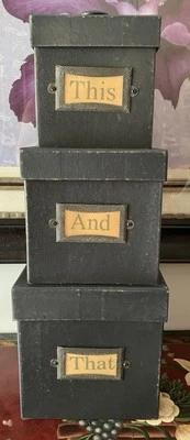 3 Rustic “This And That” Black Nesting Paper Mache Storage Boxes, 8x8x8” Nested - Image 1 of 4