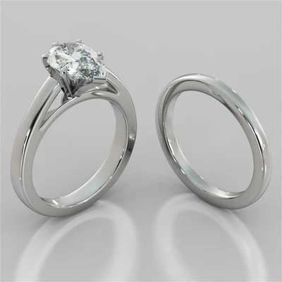 1.65 Ct Pear Cut White Diamond Lab-Created Engagement Ring Set 14K White Gold FN - Image 1 of 4