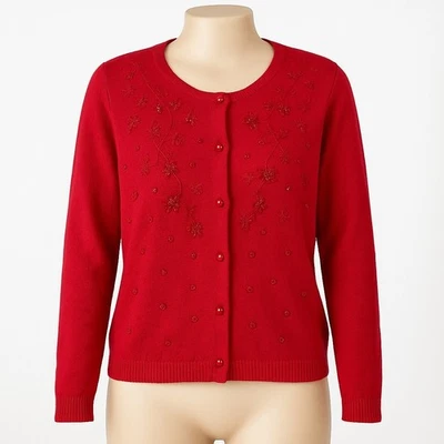 Cárdigan Suéter De Colección Y2K Rojo Cuentas Floral Botón L Cottagecore Vacaciones Abuela Foto 1 de 4