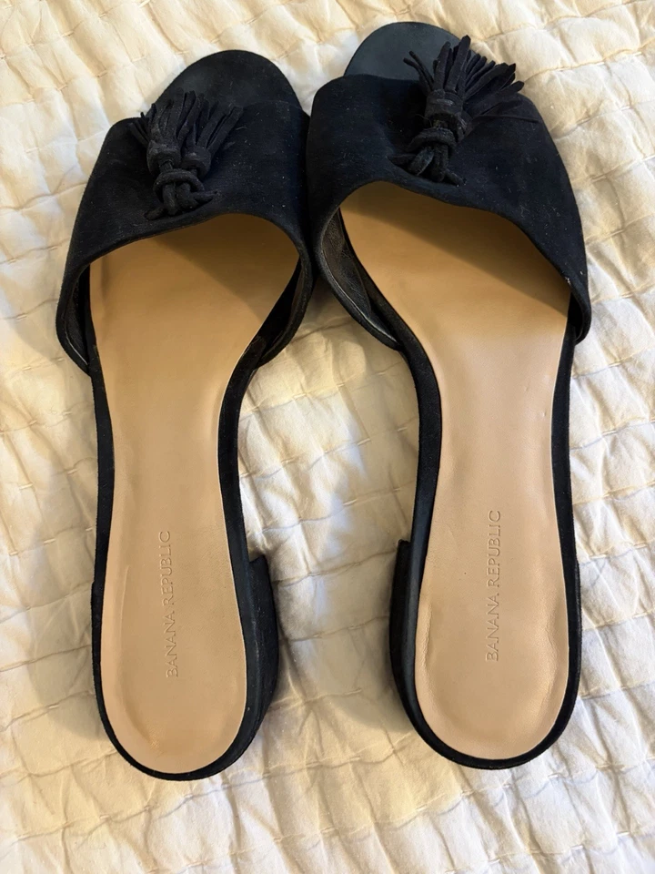 Banana Republic Black Suede Slide Sandals W/ Tassel Women’s Sz 10 - Image 1 of 4