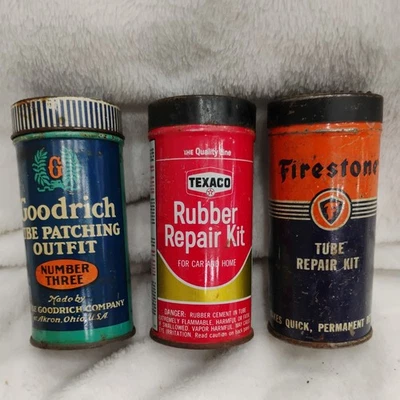 Vintage Lot Tube Tire Repair Patch Kits Tin Can Vulcanizing Advertising Gas Oil - Image 1 of 4