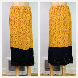 Maeve Silk Road Midi Skirt Sz L Beaded 100% Silk Crepe Floral Gold Black - Picture 1 of 4