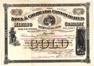 IOWA COLORADO CONS. MINING I&CCM CO GLENWOOD IA FIRMADO GOV GEAR 1883 STOCK DE ORO - Imagen 1 de 2