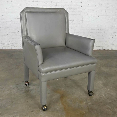 Modern Gray Faux Leather Modified Parson’s Style Armed Accent Chair on Casters Cover