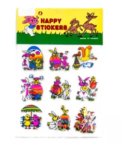 Vintage 80er Jahre "Tier Ostern" Happy Eggs Hase Enten 9 Puffy Aufkleber - Bild 1 von 2