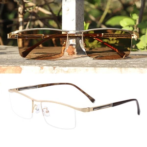 Men's Half Rim Single Vision Photochromic Brown Reading Glasses Sunglass Reader - Picture 1 of 26