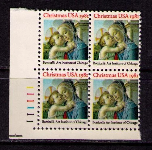 US USA Sc# 1939 MNH FVF PLATE # BLOCK Christmas Art Madonna Child Botticelli - Image 1 of 1