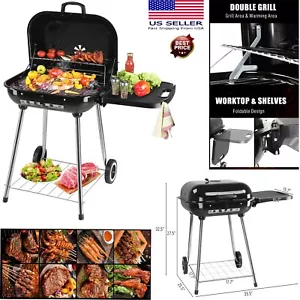 Portable Charcoal Grill Foldable with Wheels Side Shelf Vents Large BBQ Smoker - Picture 1 of 18