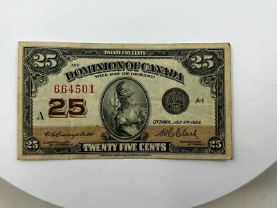 1923 Canada Banknote Campbell-clark Signature 25 Cents Banknote - Image 1 of 2