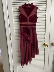 Adult small burgundy Long lyrical modern dance dress half hi-low skirt mesh back - Picture 1 of 7