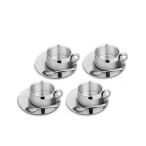 Stainless Steel Cup and Saucer Set With Spoon Capacity 200ML Set of 4 Piece - Picture 1 of 3