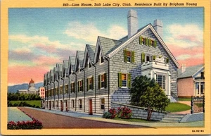 LÖWENHAUS Salt Lake City, Utah UT Brigham junge Residenz Leinen Postkarte - Bild 1 von 2
