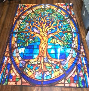 Tree of Life Stained Glass Pattern Shower Curtain 72x96 Art Deco Bright Colors - Picture 1 of 3