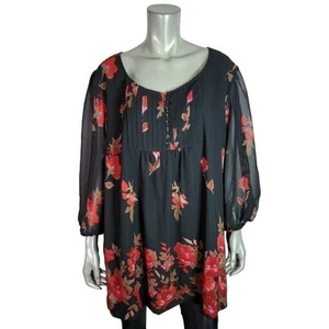 Jeans 24/7 Top Übergröße 26 W Blumen U-Ausschnitt 3/4 Arm gefüttert Freizeit schwarz - Bild 1 von 6