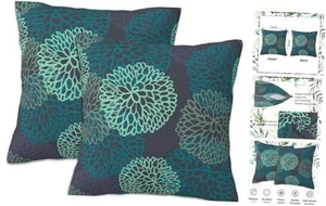 Throw Pillow Cover Case Teal Grey Floral Throw Pillows Set of 2 Dahlia Flower - Picture 1 of 8