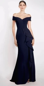 Ignite Evenings Off the Shoulder Ruffle Drape Slit Crepe Gown Blue Size 16 $239 - Picture 1 of 4