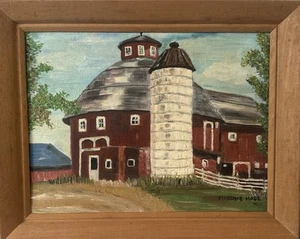 "Arte popular MCM de colección óleo a bordo casa de campo con silo firmado Florence Hall 12""x16""" - Imagen 1 de 3