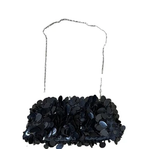 Bag Purse evening black sequin kiss lock closure silver chain strap shoulder - Picture 1 of 7