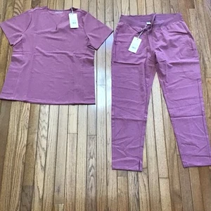 New Mandala Large Mauve Scrub Slim Pant Set, Curved V-neck Top Pockets (T8-16) - Picture 1 of 13