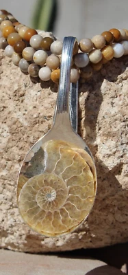 Colgante fósil de amonita. Setting es una cuchara sopera vintage plateada.  Foto 1 de 4