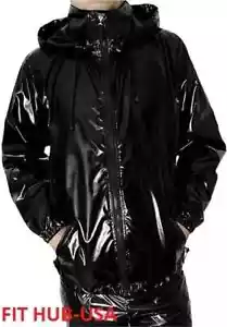 Men's Black PVC Vinyl Shiny Hoodie Jacket Gothic Patent Raincoat Waterproof - Picture 1 of 3