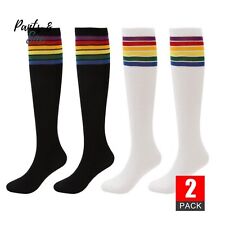 2 Pairs Premium Cotton Stripe Kids Knee High Socks Party Costume Rainbow Sock