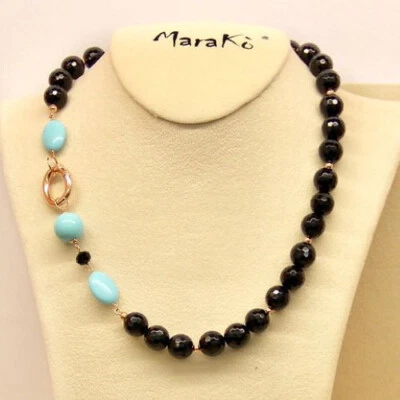 Collana in argento 925 rose' pasta di turchese 4fiori e agata nera sfaccettata. - Immagine 1 di 3